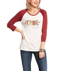 Ariat Tribe Beaded Raglan Tee Size Large 3/4 Sleeve White Burgundy Western NEW